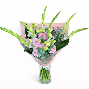 זר גלדיולות וליזיאנטוסים ורודים