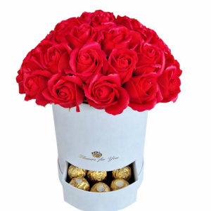 סידור פרחי סבון אדום בקופסא