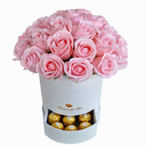 סידור פרחי סבון ורוד בקופסא