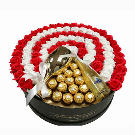 סידור פרחי סבון בקופסא עגולה